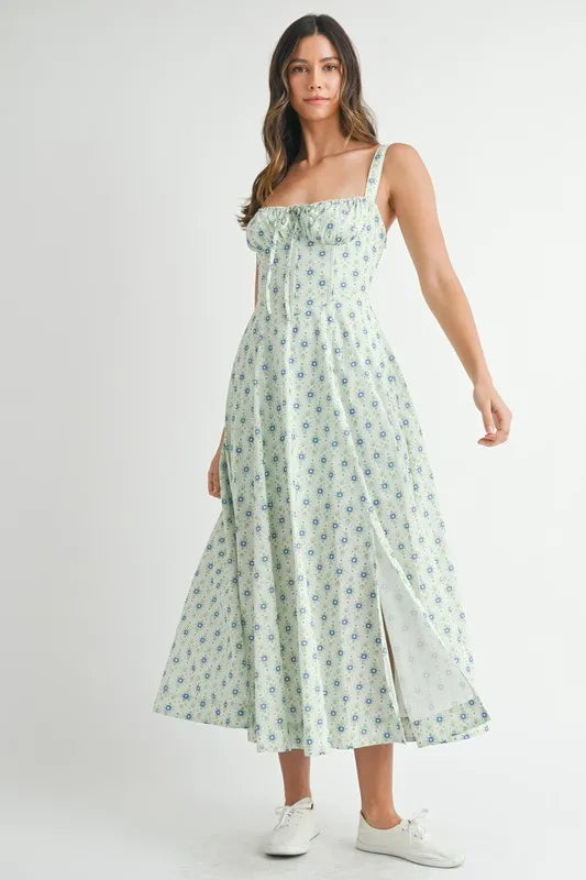 MABLE Floral Print Bustier Back Lace Up Midi Dress OutfitFlow