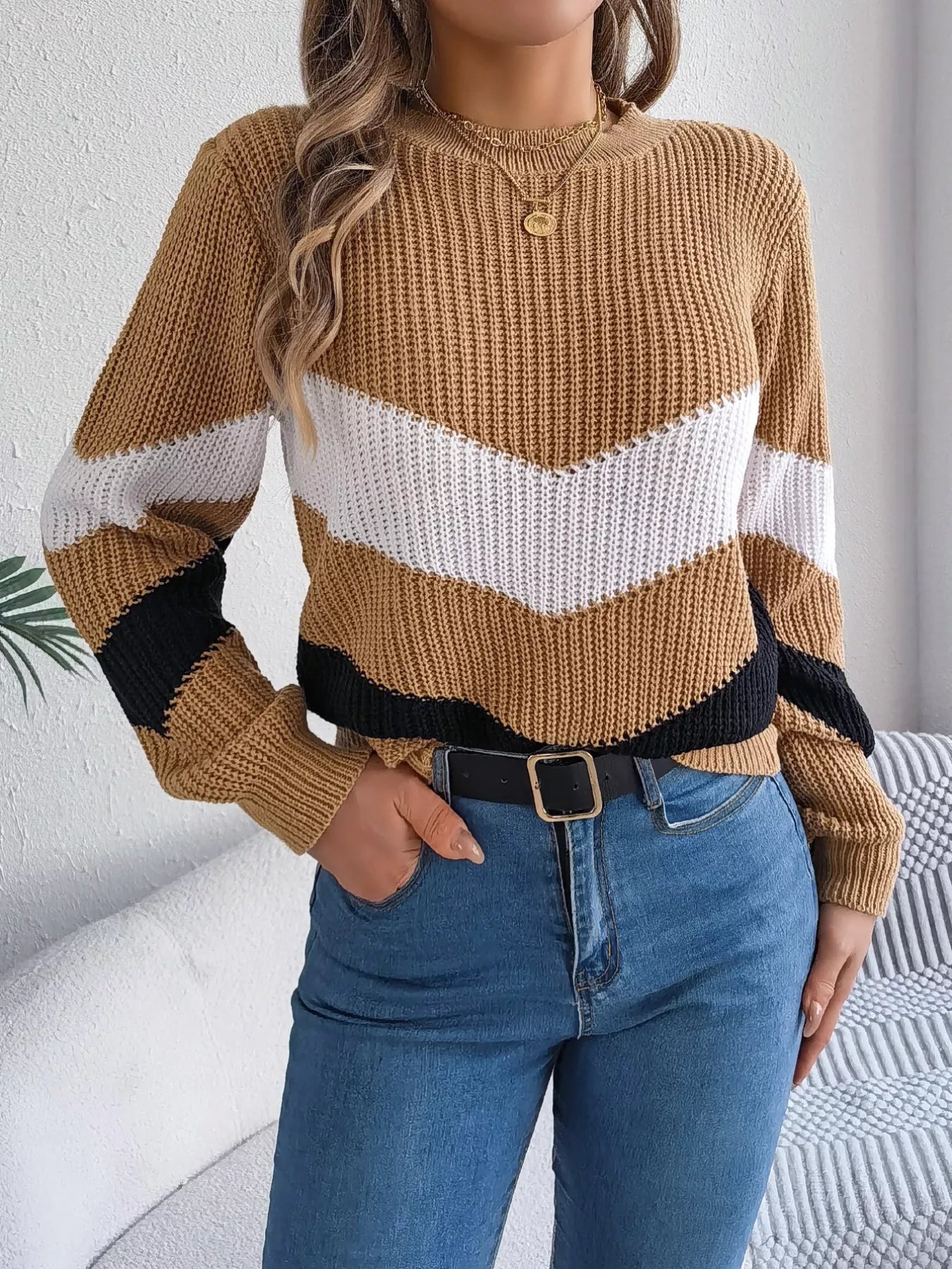 Chevron Stripe Color Block Round Neck Sweater OutfitFlow
