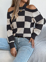 Cold Shoulder Checkered Long Sleeve Sweater Black OutfitFlow