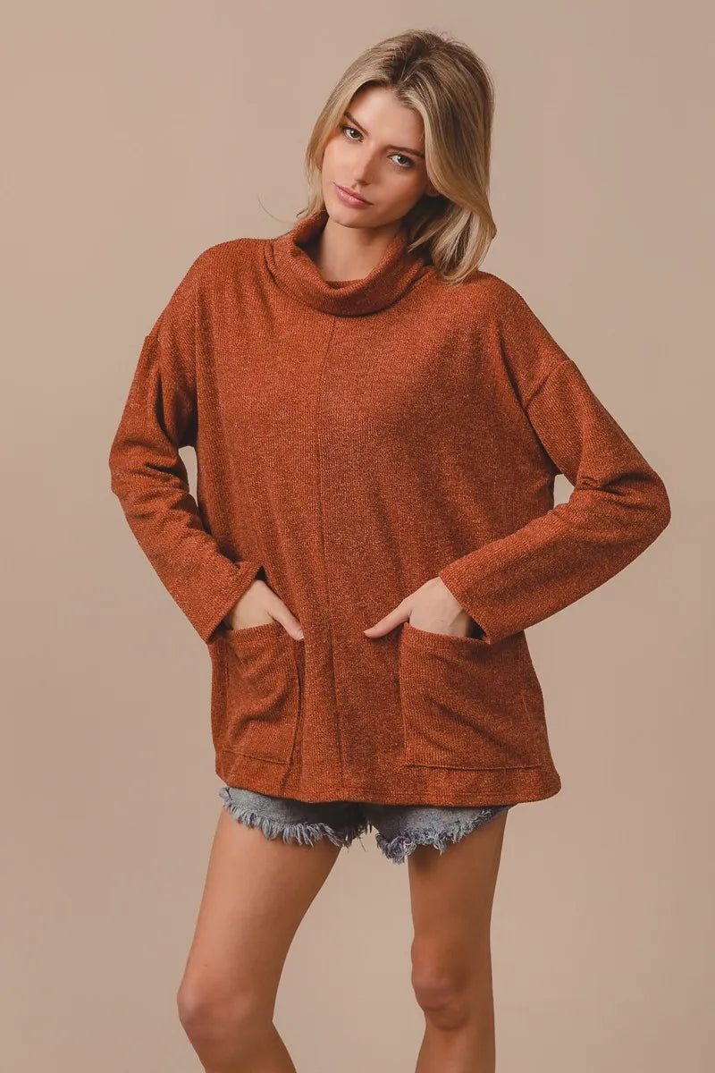 BiBi Piper Rib Double Pocket Turtle Neck Sweater OutfitFlow
