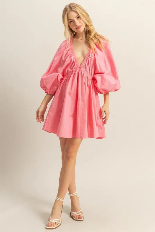 HYFVE Plunge Balloon Sleeve Poplin Mini Dress with Pockets OutfitFlow
