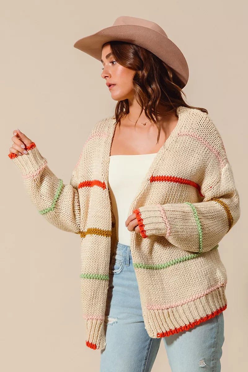 SO ME Loose Fit Multi Stripe Open Front Cardigan Trendsi