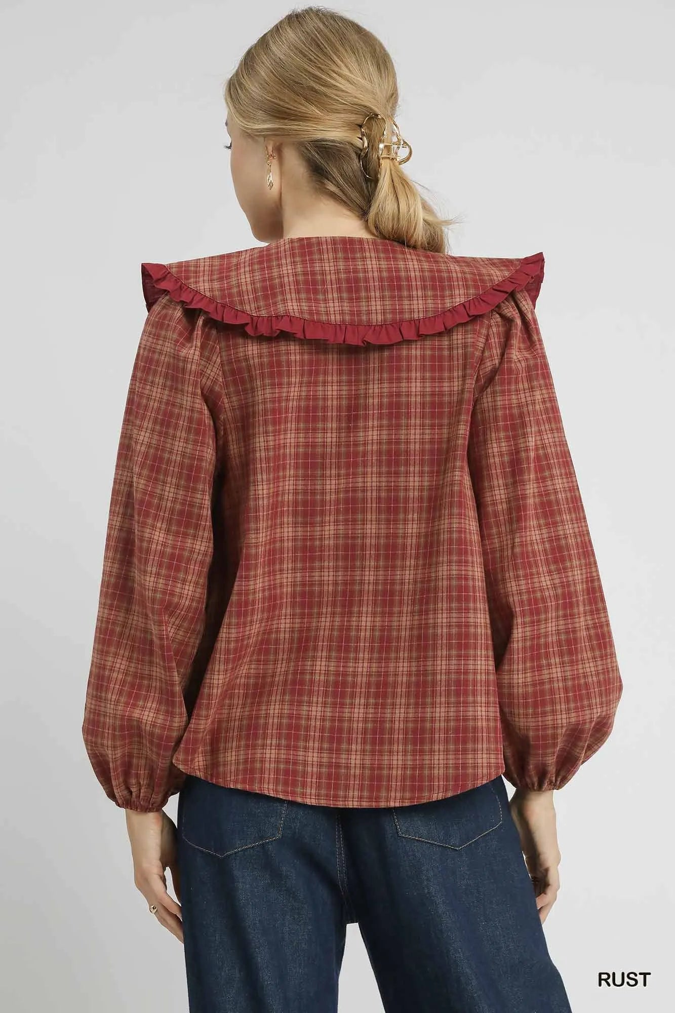 Umgee Full Size Plaid Ruffle Collar Blouse Plus Size Trendsi