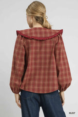 Umgee Full Size Plaid Ruffle Collar Blouse Plus Size Trendsi