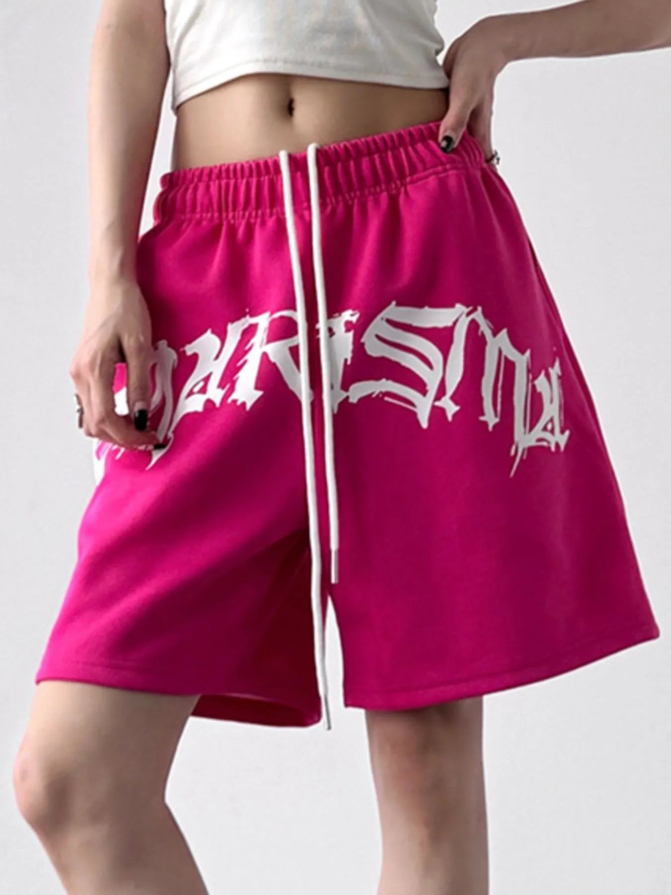 Oversized Drawstring Letter Shorts Rose Red OutfitFlow