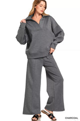 Zenana Scuba Collared Pullover and Pants Set OutfitFlow