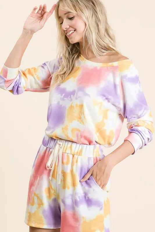 BiBi Tie Dye French Terry Top and Shorts Set OutfitFlow