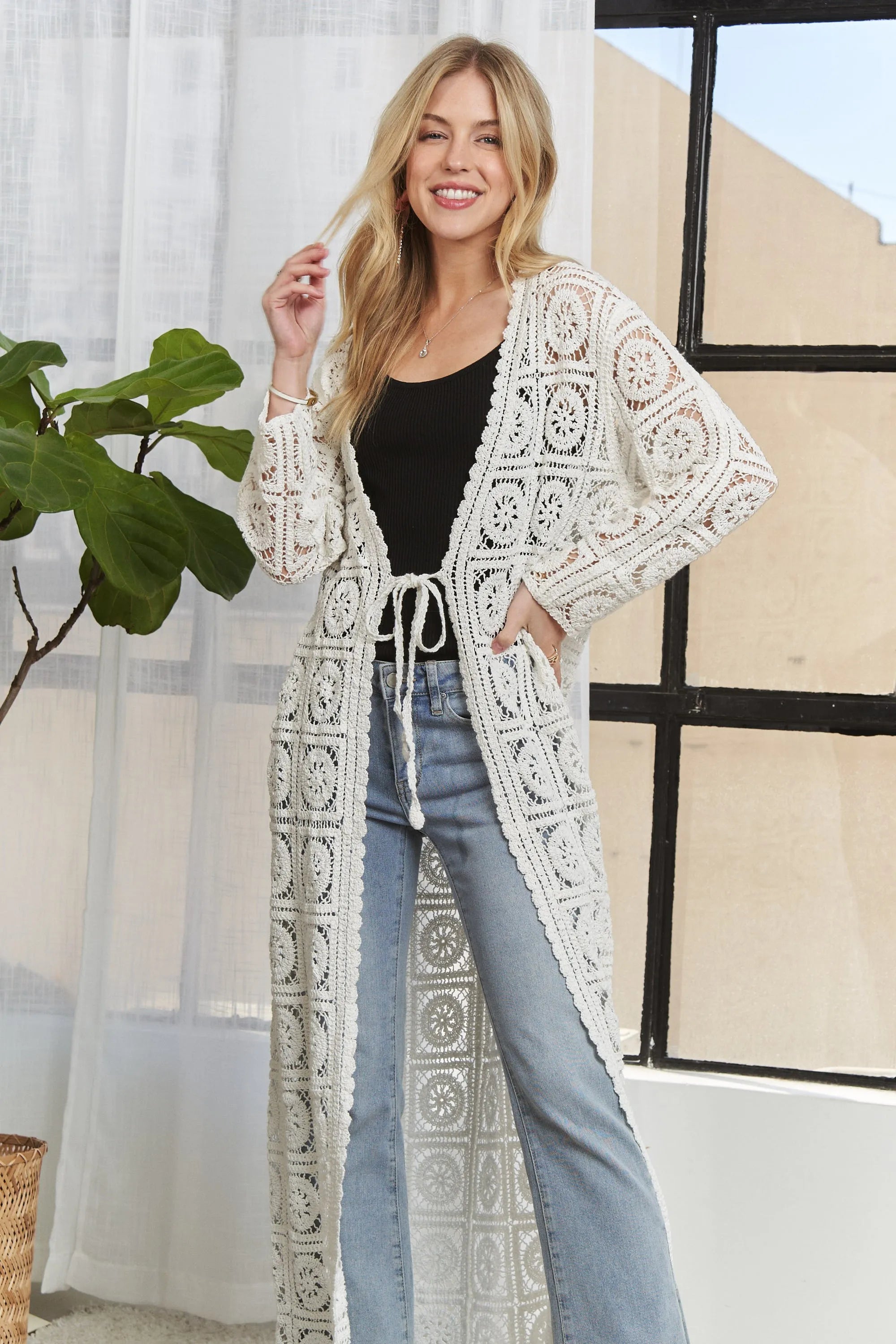 ADORA Long Sleeves Crochet Elastic Cardigan OutfitFlow