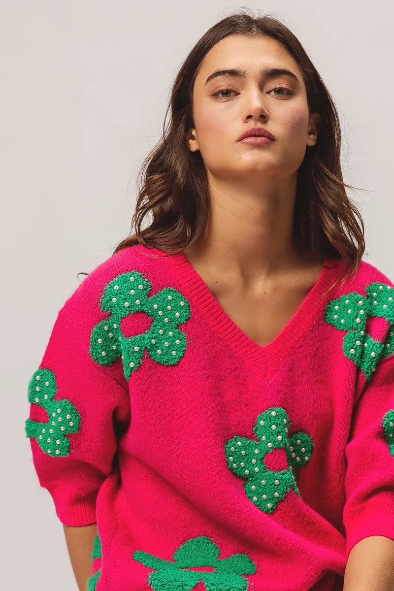 BiBi Pearl Beads Flowers Sweater Top OutfitFlow