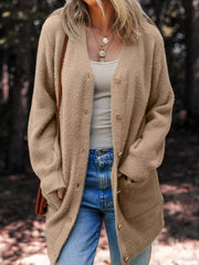 Fuzzy Buttoned Front Cardigan with Pockets OutfitFlow