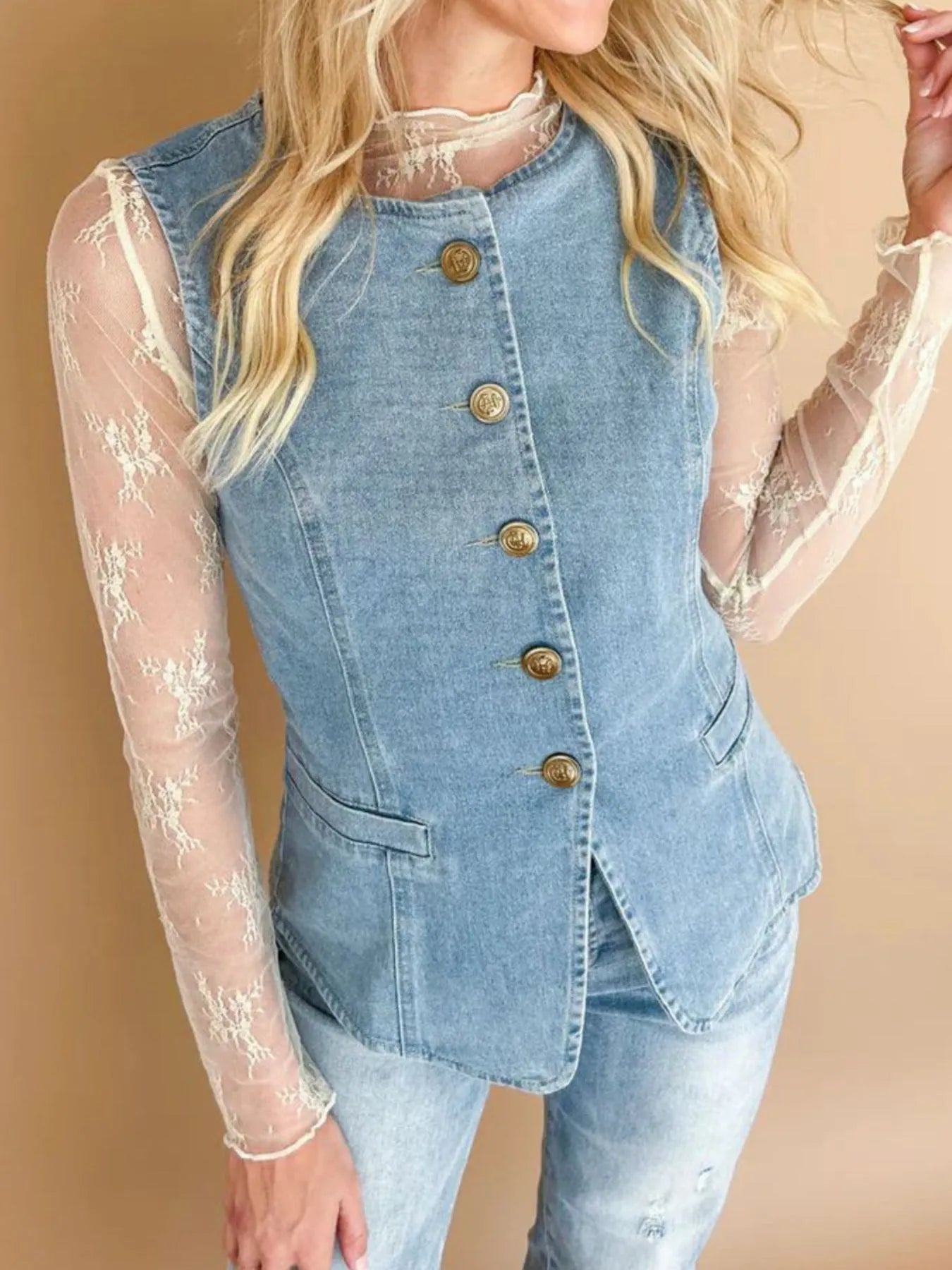 Sleeveless Button-Front Denim Vest OutfitFlow