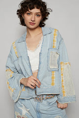 POL Raw Hem Zip Up Denim Jacket with Plaid and Crochet Patch Light Blue OutfitFlow