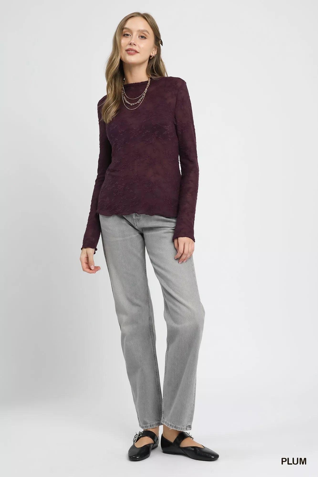 Umgee Lace Sheer Long Sleeve Top OutfitFlow
