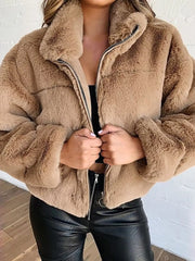 Full Size Faux Fur Cropped Zip-Up Jacket Plus Size Khaki Trendsi