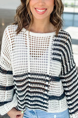 Contrast Striped Crochet Long Sleeve Knit Cover Up