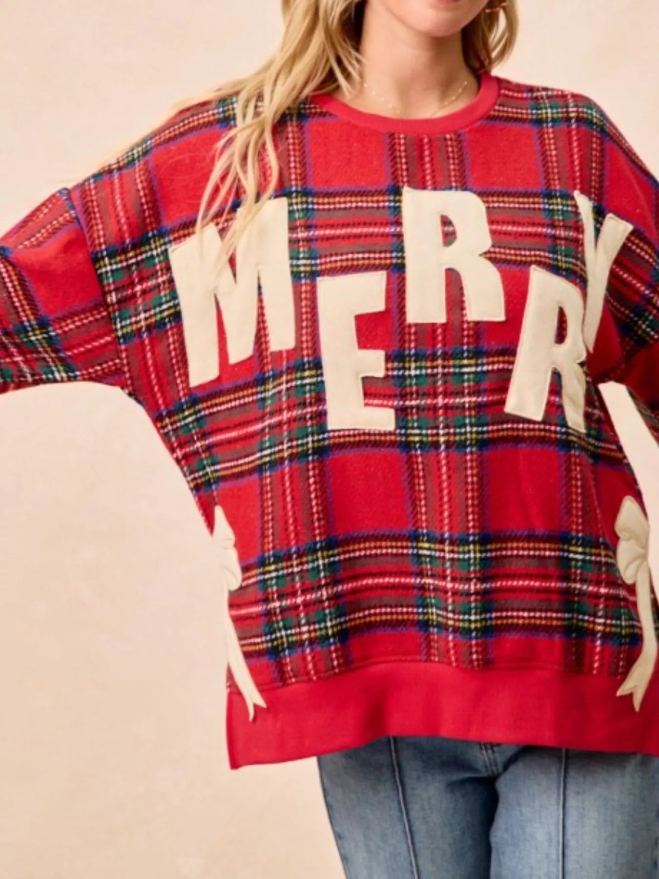 MERRY Bow Slit Crew Neck Christmas Sweatshirt OutfitFlow