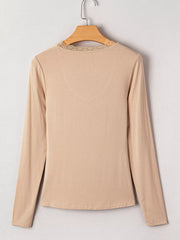 Lace-Trimmed Ruched Detail Long Sleeve T-Shirt OutfitFlow