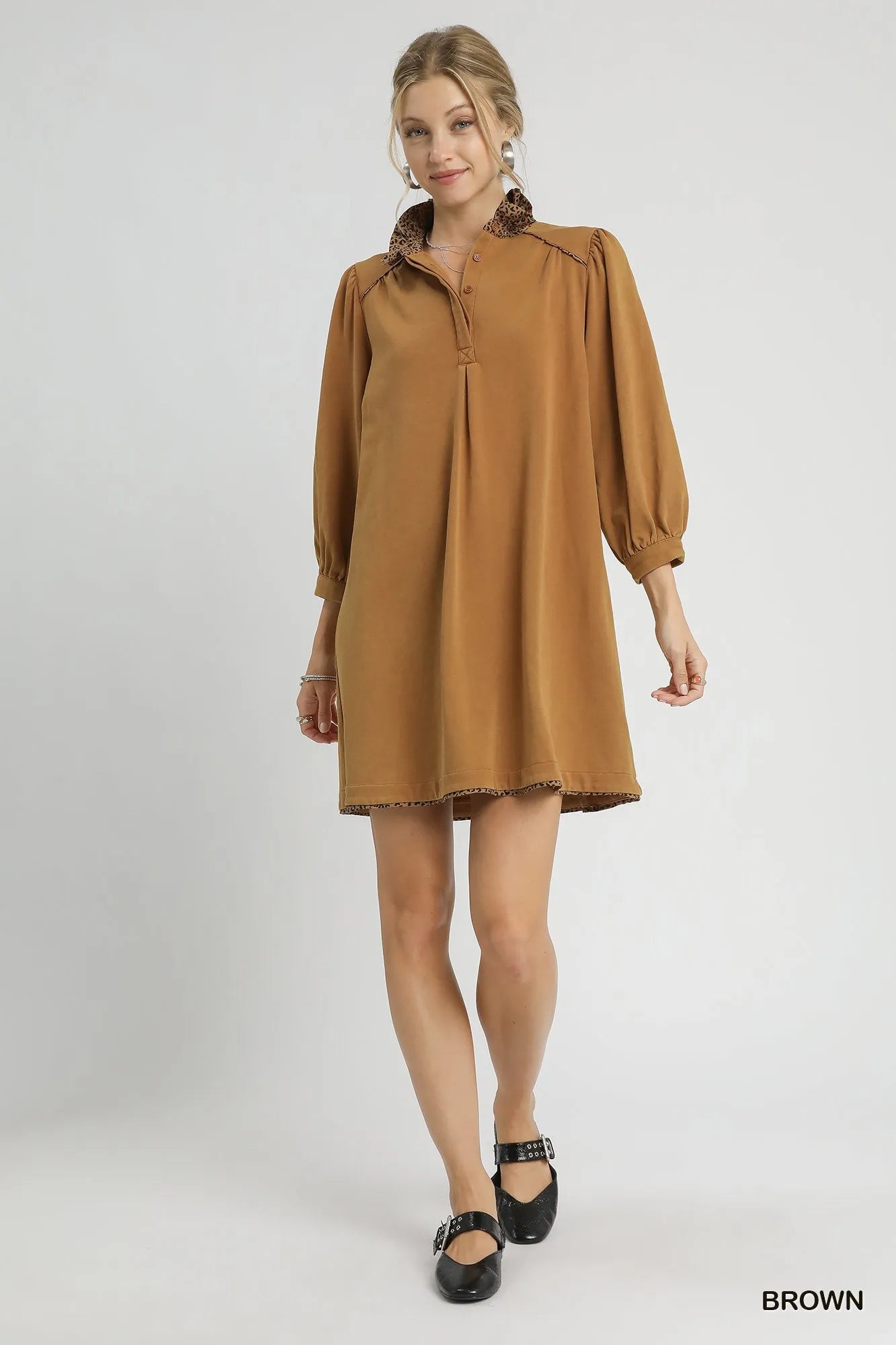 Umgee French Terry Balloon Sleeve Shift Dress with Leopard Print Detail Trendsi
