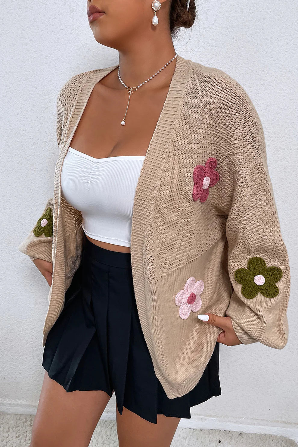 Outfit Flow - Floral Applique Drop Shoulder Open Front Cardigan