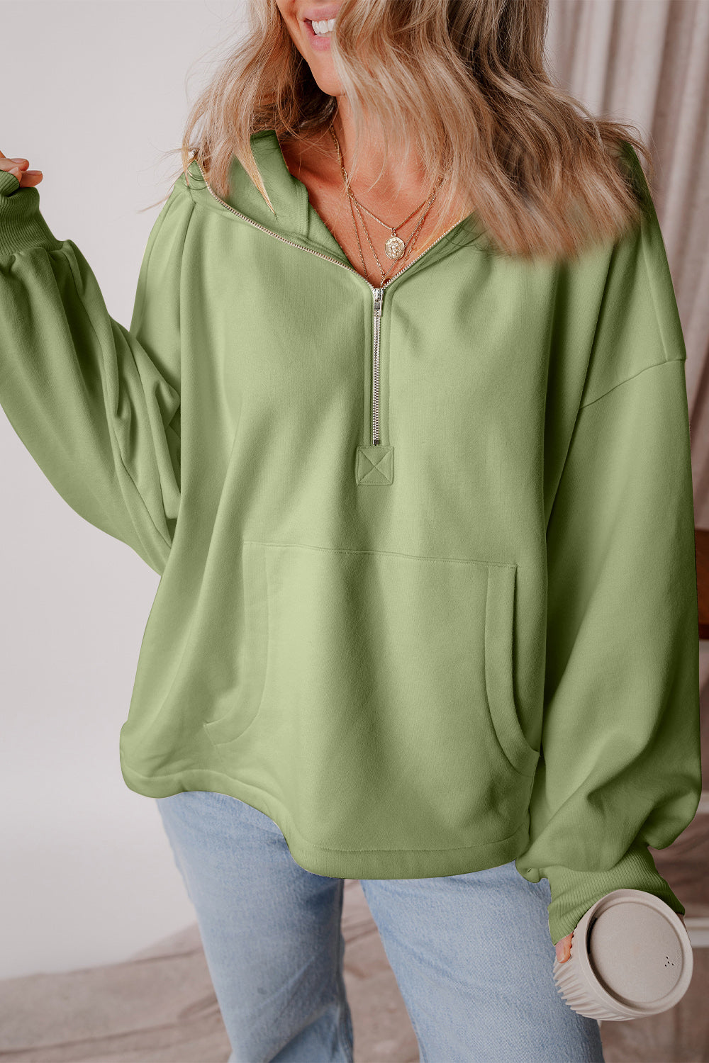 Pocketed Half Zip Dropped Shoulder Hoodie OutfitFlow