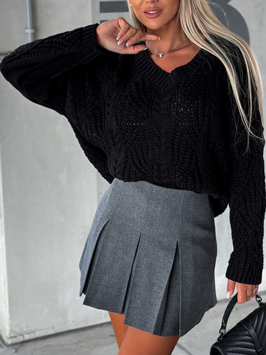 V-Neck Cable-Knit Long Sleeve Sweater OutfitFlow
