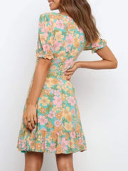 Ruffled Hem Printed Short Sleeve Mini Dress OutfitFlow