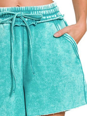 Zenana Acid Wash Fleece Drawstring Shorts With Pockets OutfitFlow