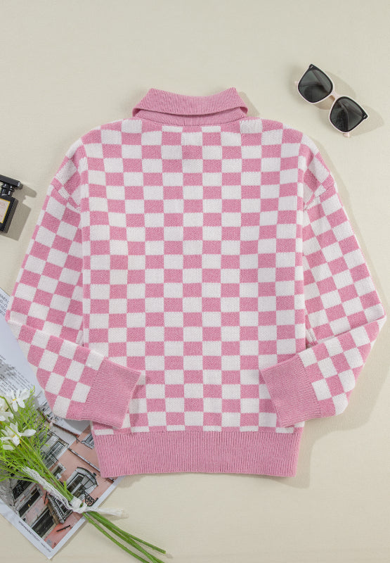 Outfit Flow - Checkered Collared Neck Long Sleeve Sweater