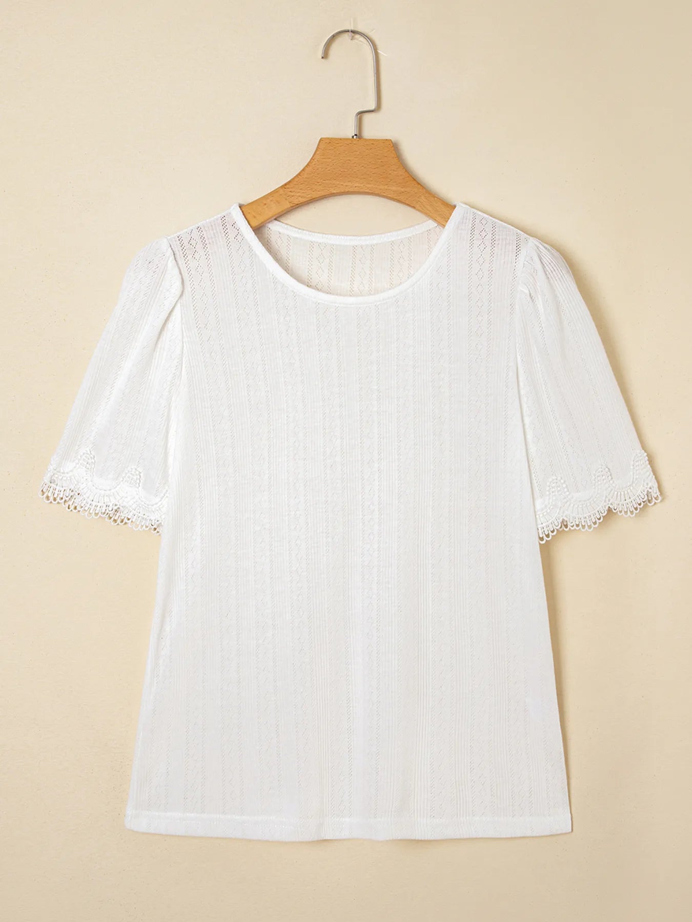 Scalloped Lace Trim Jacquard Textured T Shirt OutfitFlow