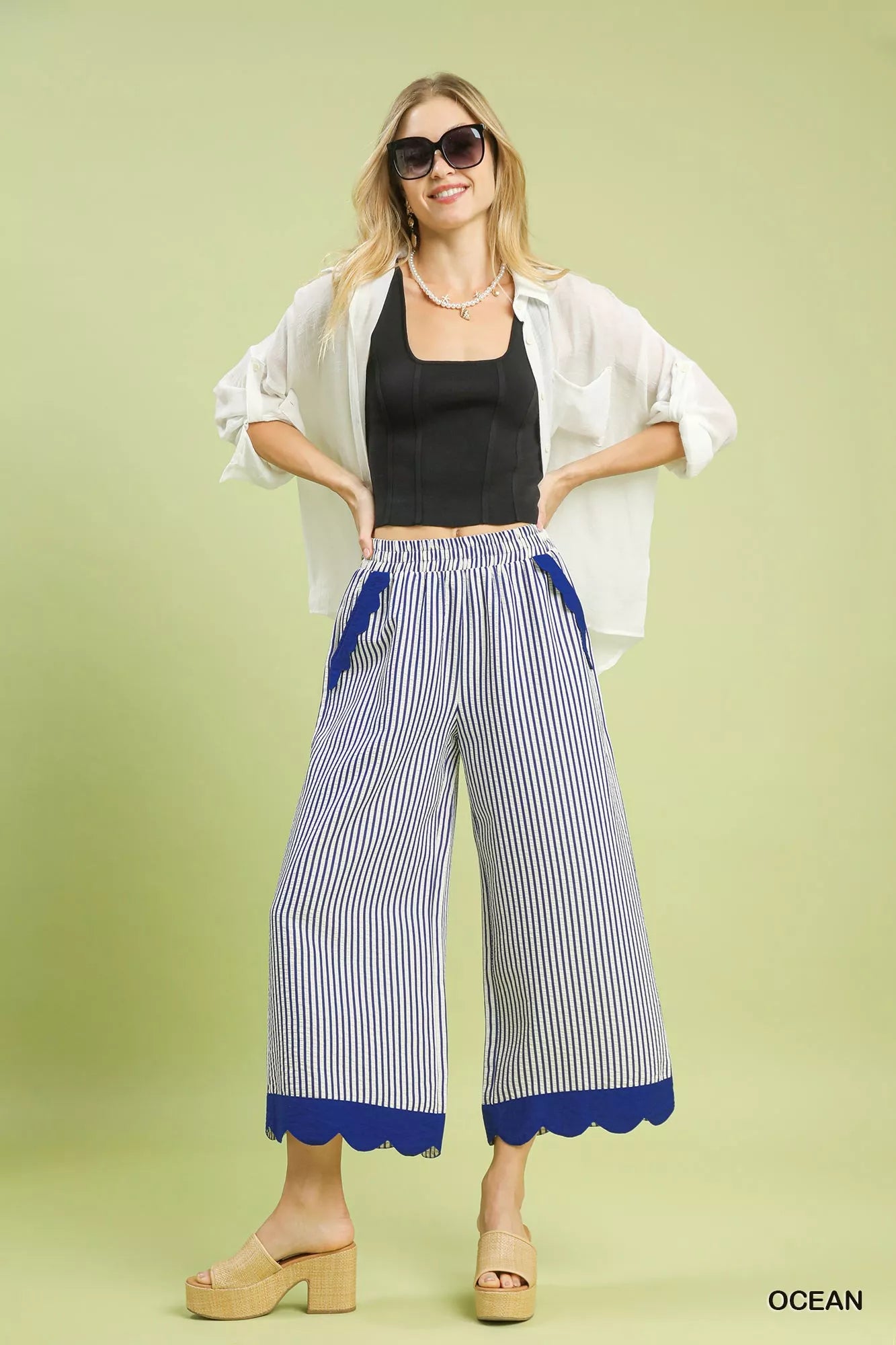 Umgee Stripe Scallop Hem Wide Leg Pants Trendsi