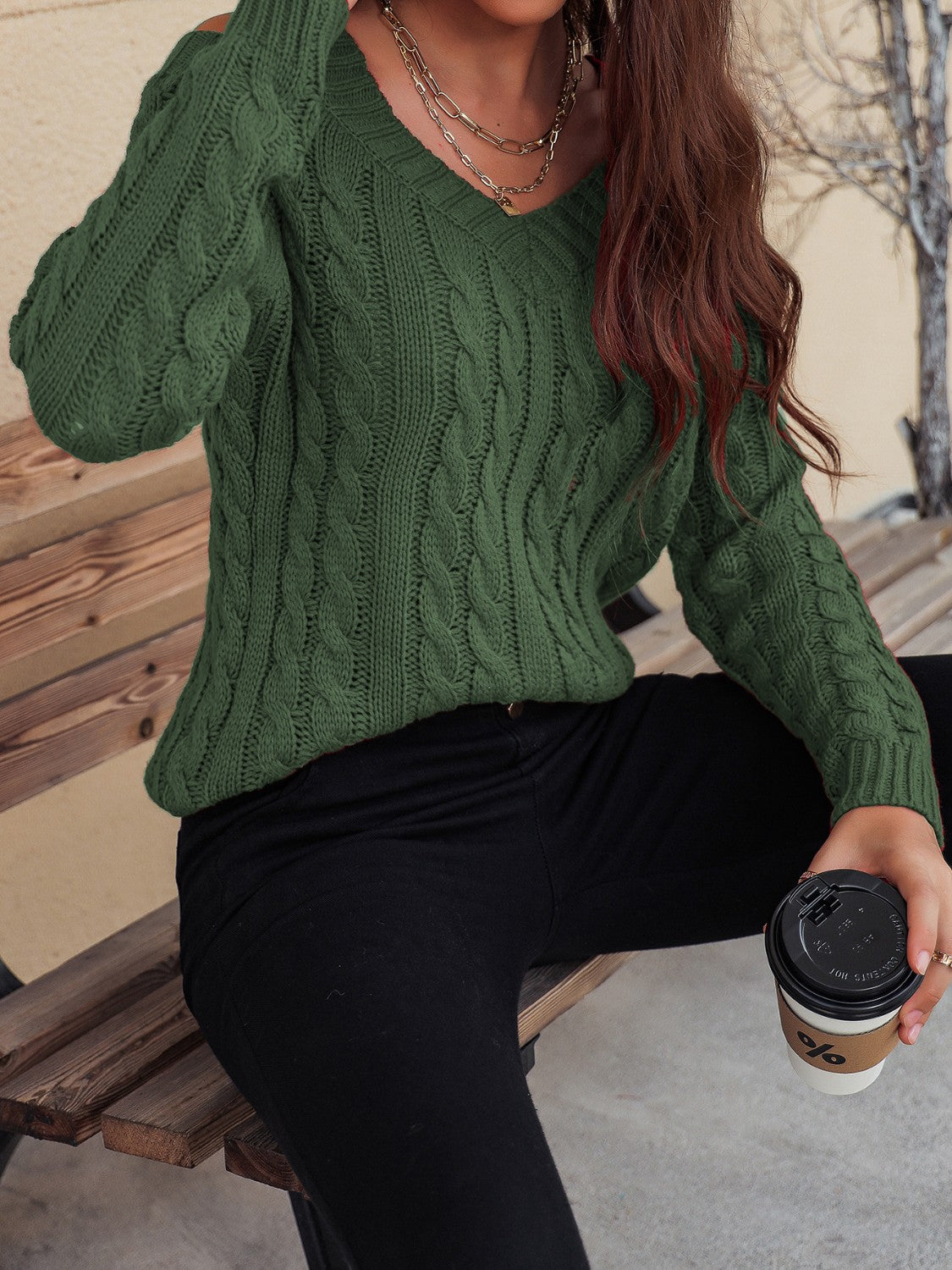 Outfit Flow - Honey Cable-Knit V-Neck Cold Shoulder Sweater