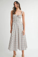 MABLE Floral Print Bustier Back Lace Up Midi Dress OutfitFlow
