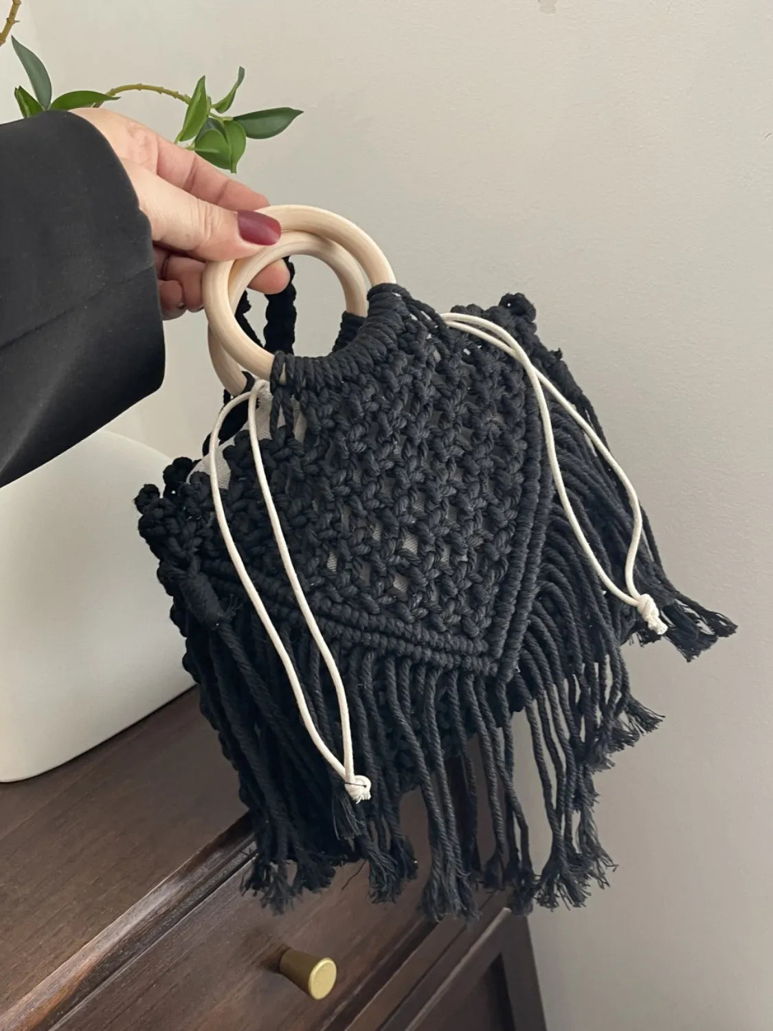 Drawstring Fringe Crochet Bag Black One Size OutfitFlow