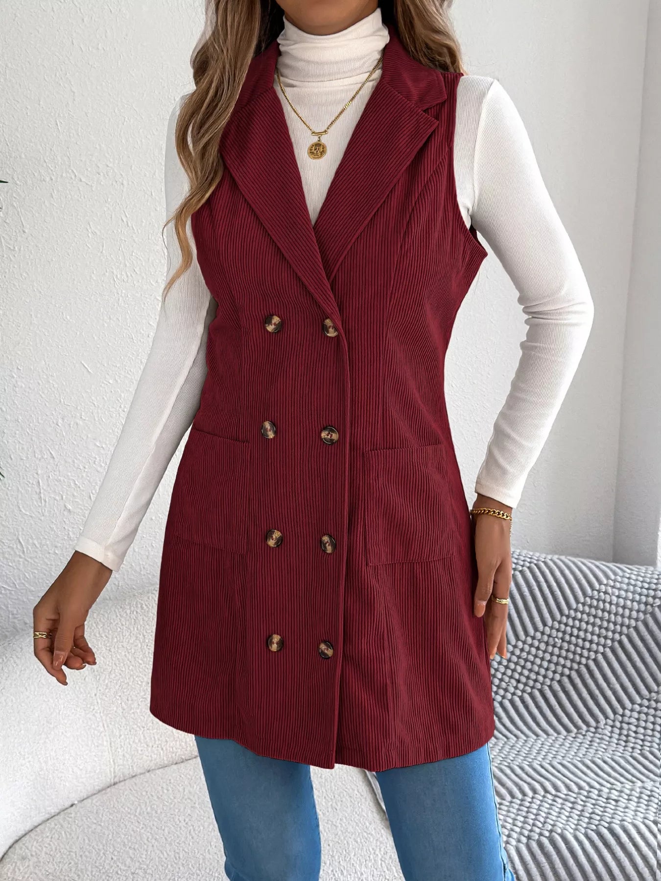 Double-Breasted Long Vest Coat Trendsi