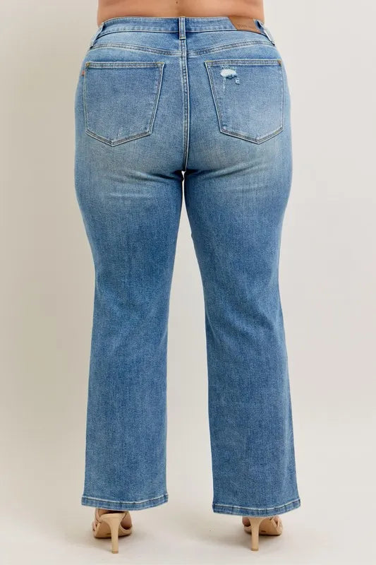 Judy Blue Full Size High Waist Vintage Wash Front Seam & Slit Straight Plus Size OutfitFlow