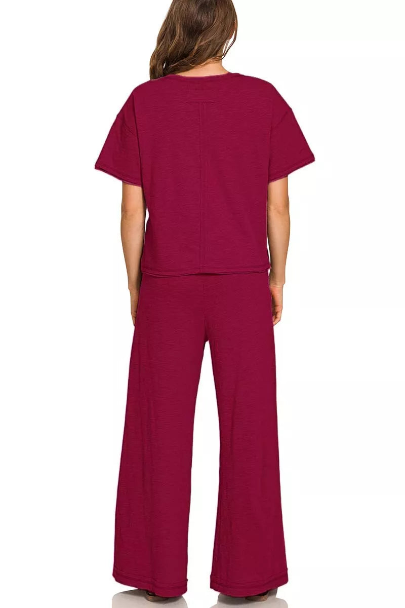 Zenana Cotton Slub Short Sleeve Tee and Pants Set OutfitFlow