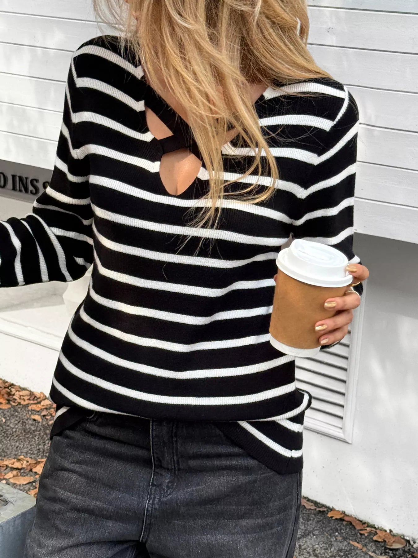 Striped Cross Front Long Sleeve Knit Top OutfitFlow