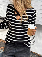 Striped Cross Front Long Sleeve Knit Top OutfitFlow