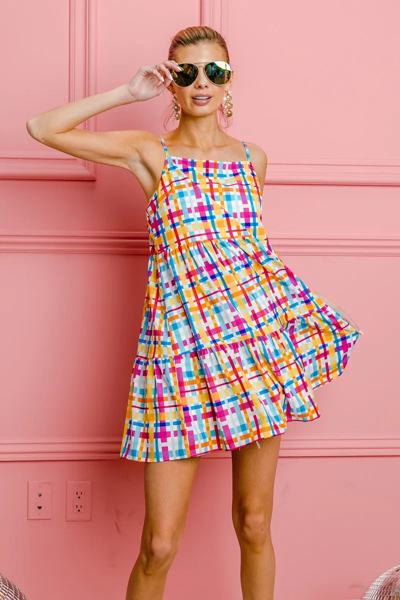 BiBi Multi Colors Plaid Sleeveless Sun Dress OutfitFlow