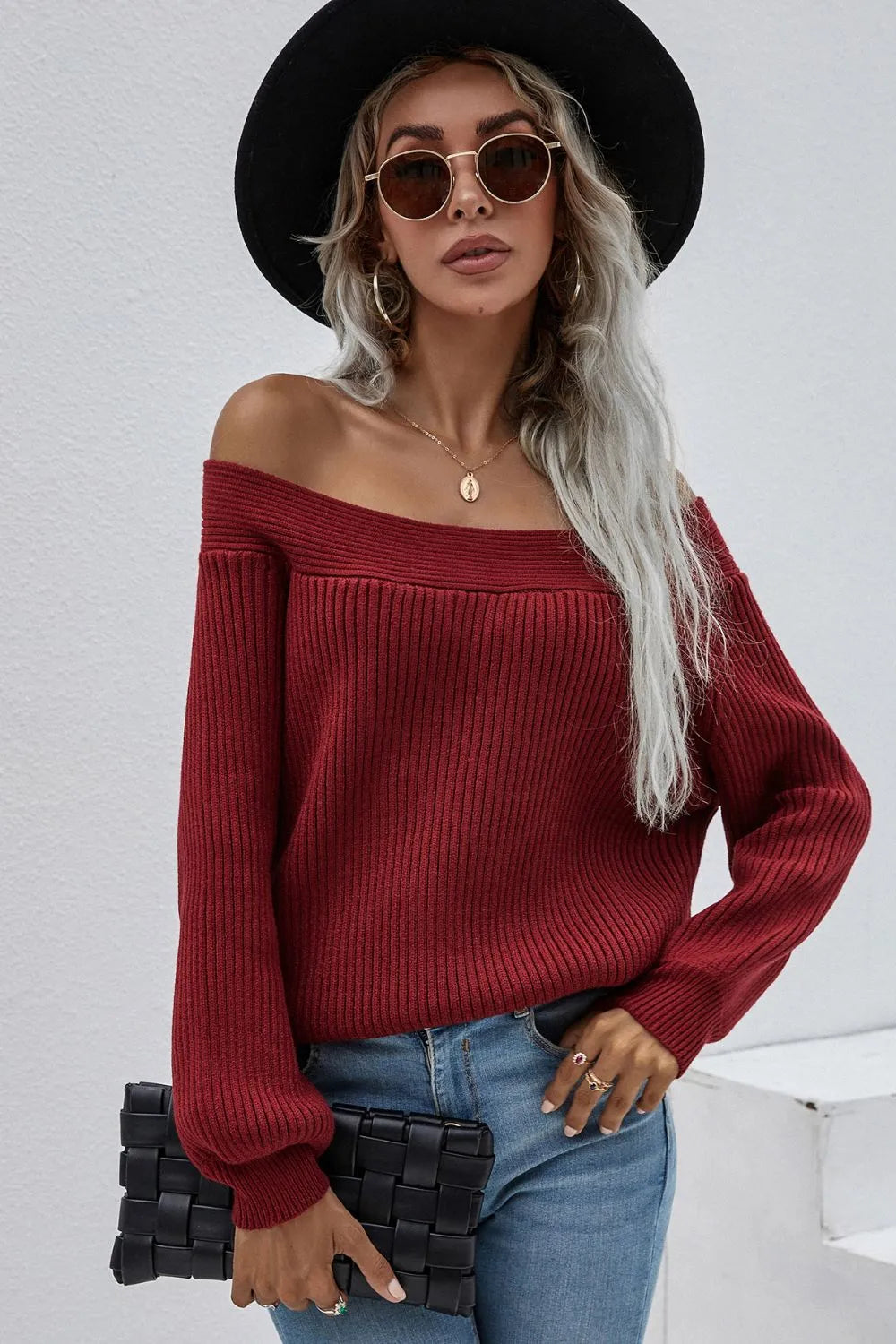Off-Shoulder Rib-Knit Sweater Burgundy OutfitFlow
