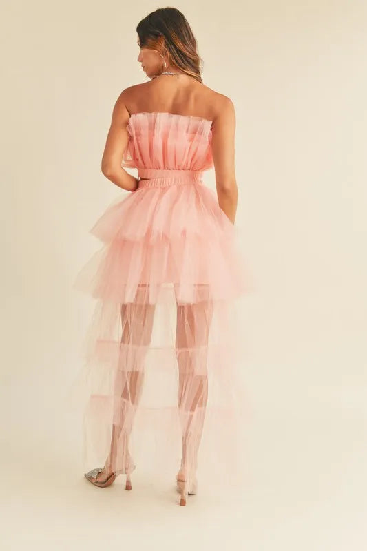 MABLE Tulle Tube Ruffle Crop Top and High Low Maxi Skirt Set OutfitFlow