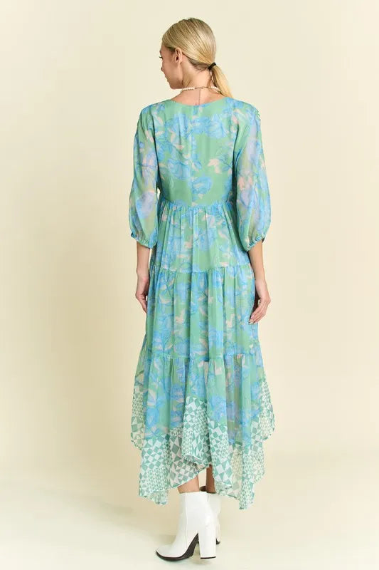 Davi & Dani Geo and Floral Print Mixed Tiered Dress OutfitFlow