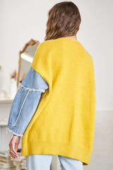 ADORA Full Size Frayed Denim Sleeve Sweater Cardigan Plus Size OutfitFlow
