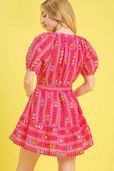 Umgee Printed Tie Waist Puff Short Sleeve Mini Dress OutfitFlow