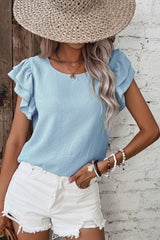 Solid Color Ruffled Short Sleeve Casual Blouse OutfitFlow