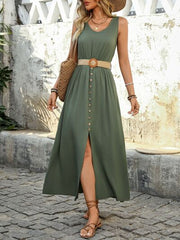 Perfee Decorative Button Slit Sleeveless Midi Dress OutfitFlow