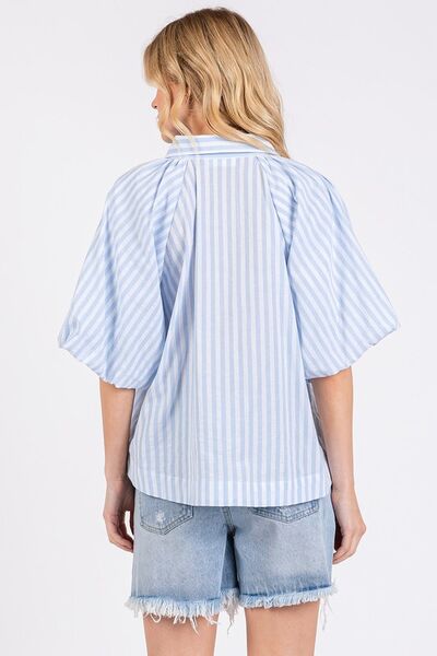 Mittoshop Button Down Striped Puff Sleeve Shirt OutfitFlow