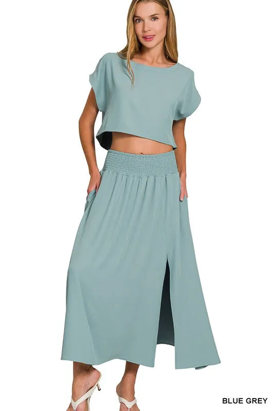 Zenana Heavy Woven Span Crop Tee & Skirt Set OutfitFlow