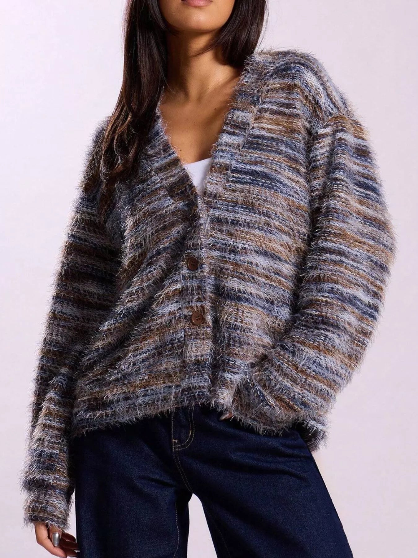 Chunky Knit V-Neck Button-Up Cardigan Dark Gray OutfitFlow