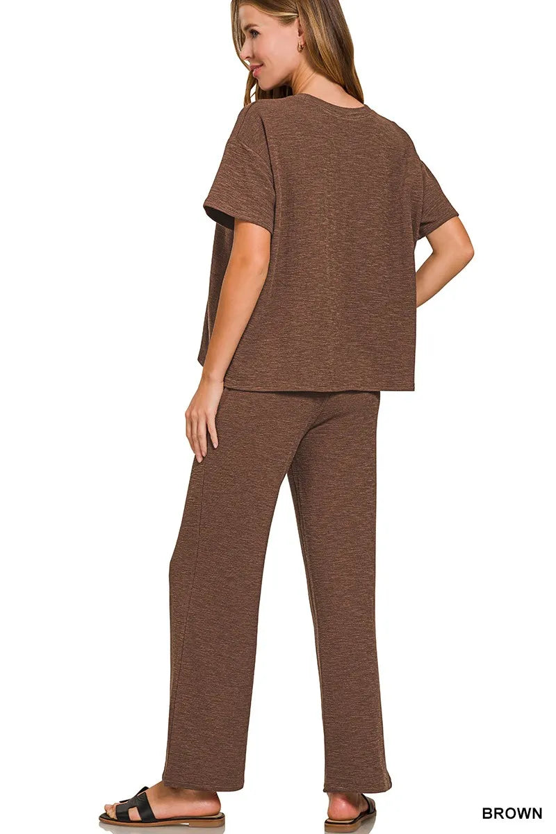 Zenana Slub Short Sleeve T-Shirt and Pants Set OutfitFlow